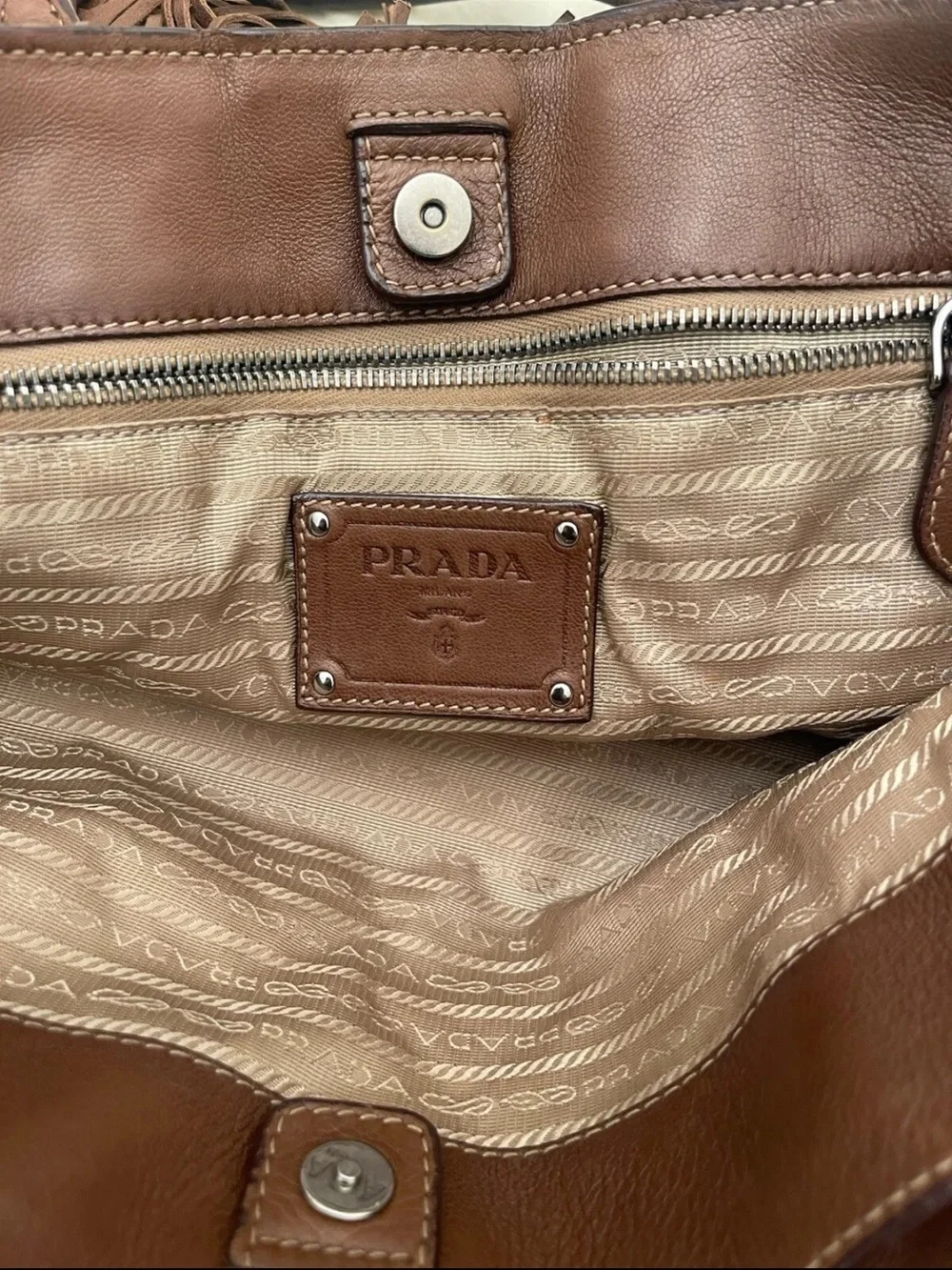 Prada large Brown Leather Fringe tote with Shoulder Strap studs